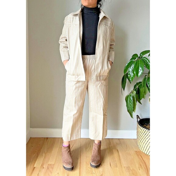 vtg 90s‎ beige striped pant suit retro market set western jacket cropped size 8 - Picture 1 of 9